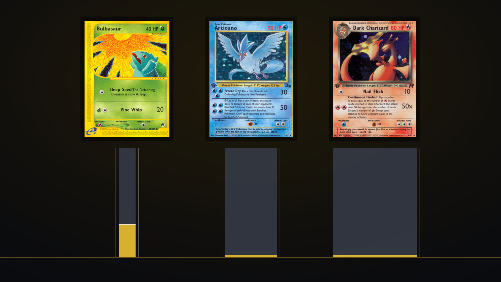 Expedition Bulbasaur 95, a Fossil Articuno and a Team Rocket Dark Charizard, each standing over a column sized to how many copies of it have been graded