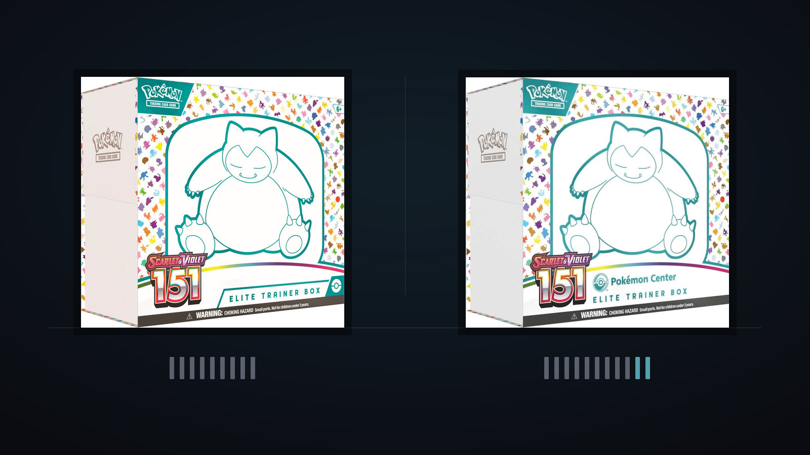 The 151 Elite Trainer Box and the 151 Pokemon Center Elite Trainer Box standing at equal height on a dark field above one shelf rule, each over a counted row of pack ticks, nine under the retail box and eleven under the Pokemon Center box with the extra two picked out in teal