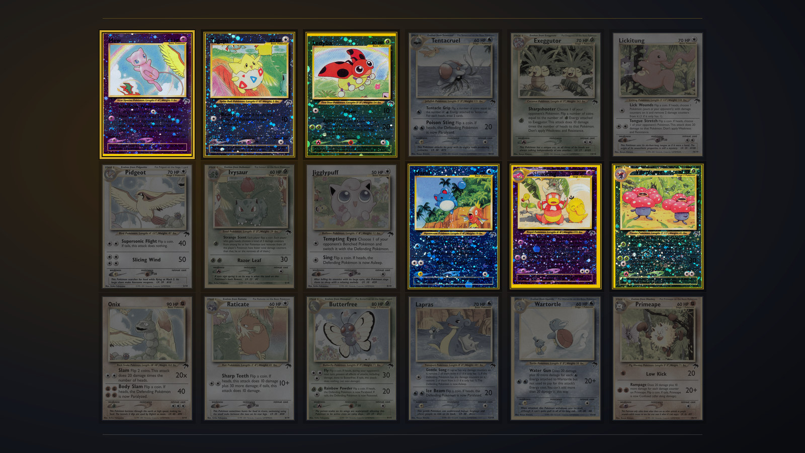 All eighteen Southern Islands Collection cards in a six by three grid on near black, the six holographic cards lit and ringed in amber with Mew ringed heaviest at the top left, the twelve unfoiled cards held back in dim slate